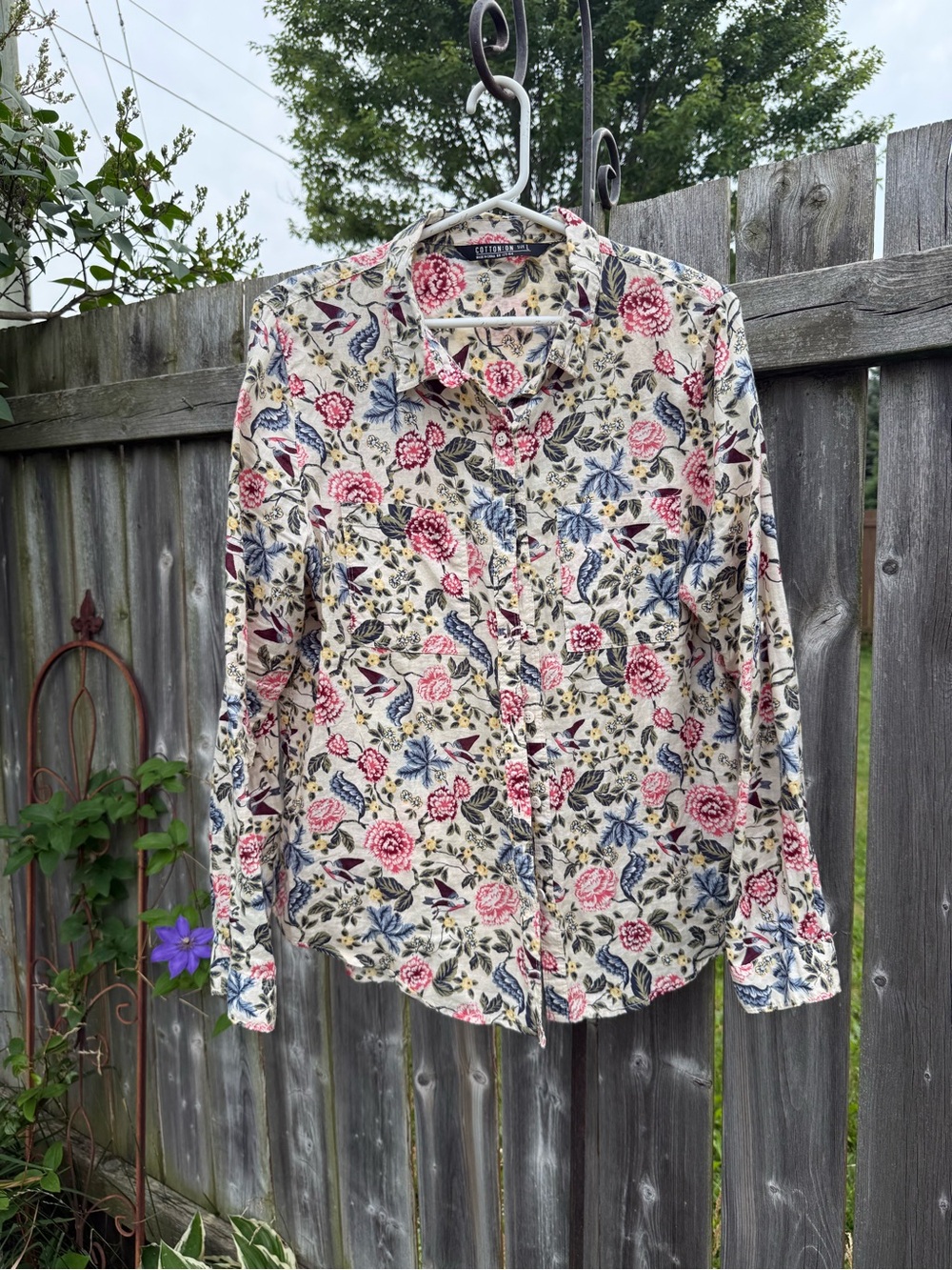 Cotton On Cream Floral Button-Up with Pink & Blue Accents - Picture 2 of 7